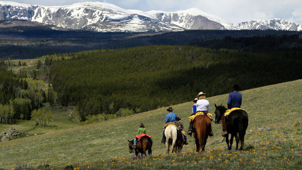 Some people riding horses